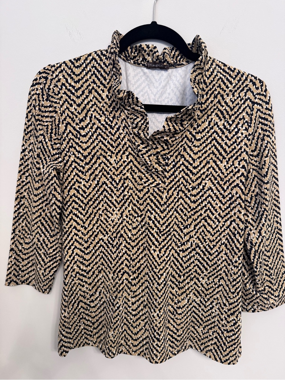 NWOT J. McLaughlin Black and Tan Chevron Ruffle Neck Blouse